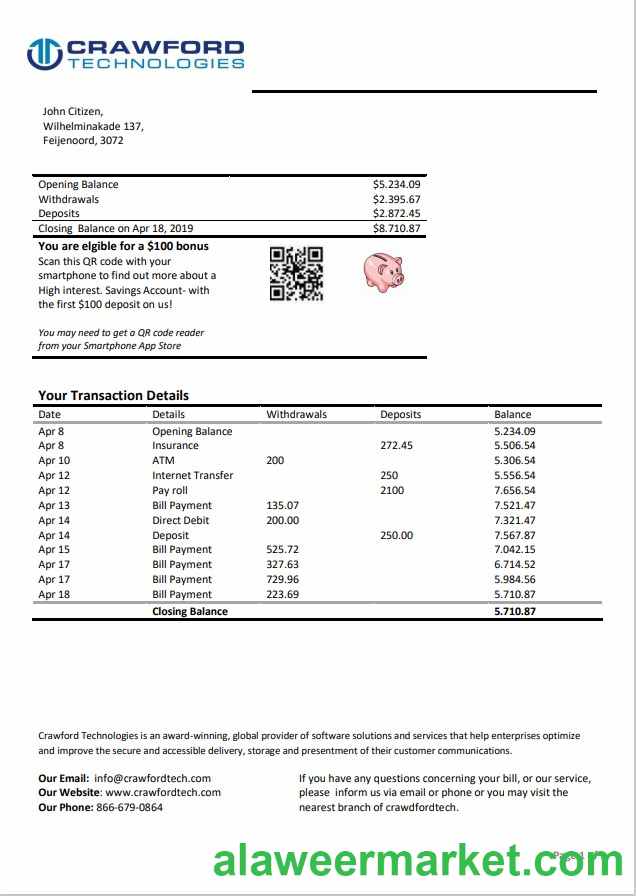 Netherlands (Holland) Crawford Technologies bank statement template in Word and PDF format